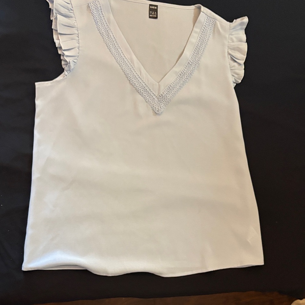 SHEIN Cream Ruffle Sleeve V-Neck Blouse
